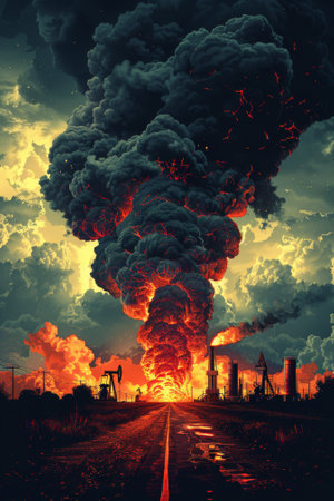 A large cloud of smoke and fire coming from a building, AIの素材