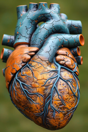 A close up of a model heart with the veins and arteries painted on, AIの素材
