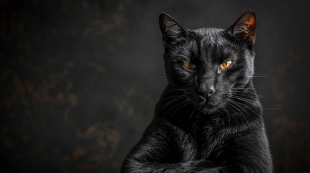 A black cat with orange eyes sitting on a dark background, AIの素材