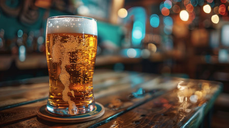A glass of beer on a wooden table in front of blurry lights, AIの素材
