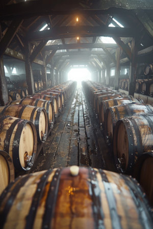 A view of a wooden structure with many barrels inside, AIの素材