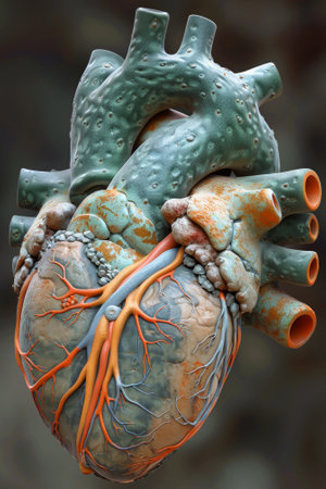 A close up of a model heart with blood vessels and veins, AIの素材