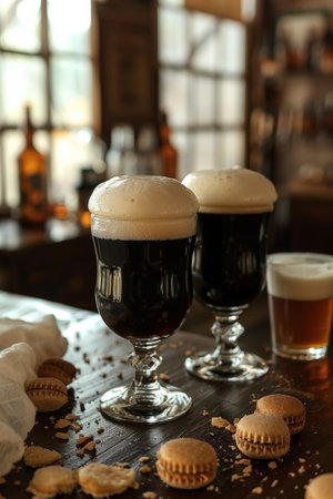 A table with three glasses of beer and cookies on it, AIの素材