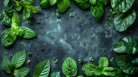 A close up of a green leafy plant with water droplets, AIの素材