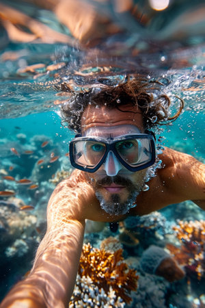 A man in goggles swimming underwater with a coral reef, AIの素材