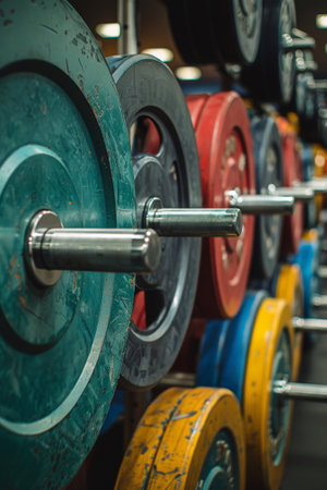 A row of colorful weights on a rack in the gym, AIの素材