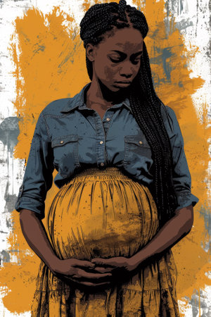 A pregnant woman with a large belly and long braids, AIの素材