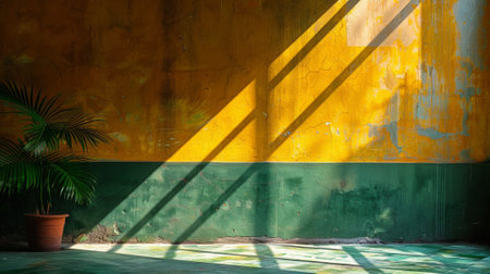 A potted plant sitting in front of a yellow wall, AIの素材