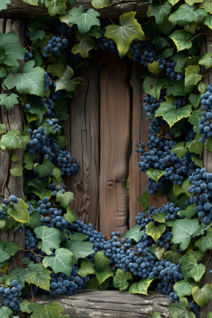 A wooden frame with vines and grapes on it, AIの素材