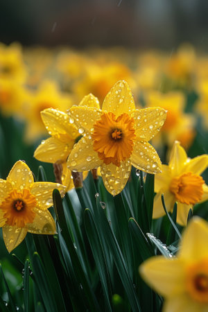 A bunch of yellow flowers with water droplets on them, AIの素材