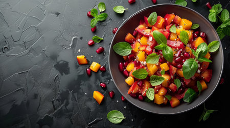 A bowl of fruit and vegetables with leaves on a black table, AIの素材
