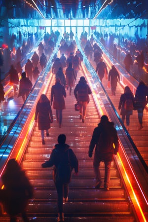 A group of people walking down an escalator with neon lights, AIの素材