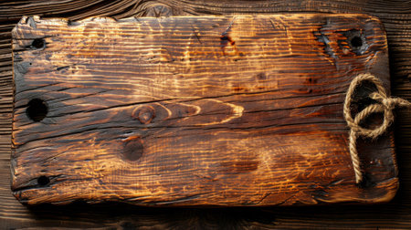A wooden cutting board with rope tied to it on a table, AIの素材