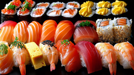 A close up of a variety of sushi on display, AIの素材