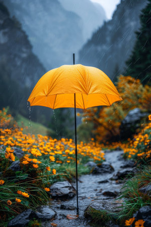 A yellow umbrella in the middle of a stream with flowers, AIの素材