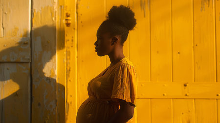 A pregnant woman standing in front of a yellow door, AIの素材