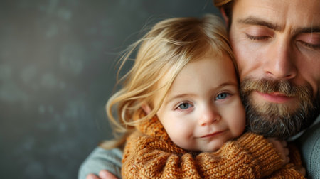 A man holding a little girl in his arms with her eyes closed, AIの素材