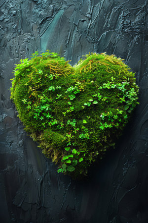 A heart shaped green moss covered wall with a plant in the middle, AIの素材