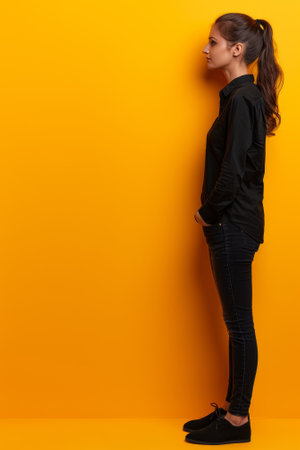 A woman standing against a yellow wall with her back to the camera, AIの素材