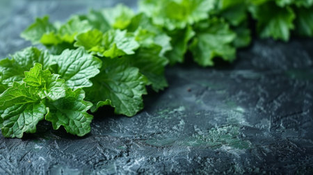 A bunch of green leaves are laying on a table, AIの素材
