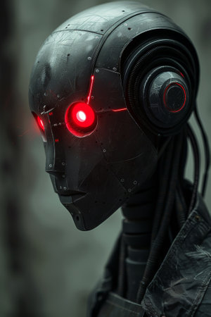 A close up of a robot with red glowing eyes, AIの素材