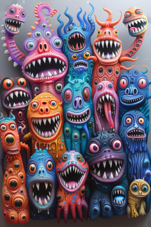 A group of colorful monsters are displayed on a wall, AIの素材