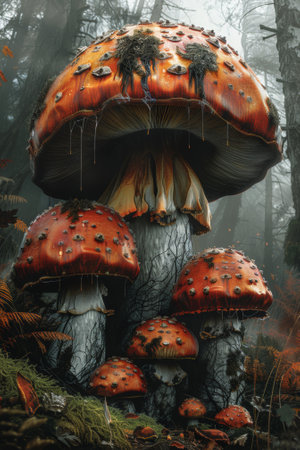 A group of mushrooms growing in a forest with trees, AIの素材