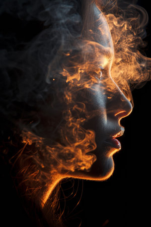 A woman with smoke coming out of her face and hair, AIの素材