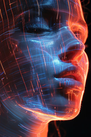 A close up of a womans face with streaks and lights, AIの素材