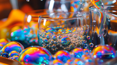 A close up of a tray with several glasses filled with bubbles, AIの素材