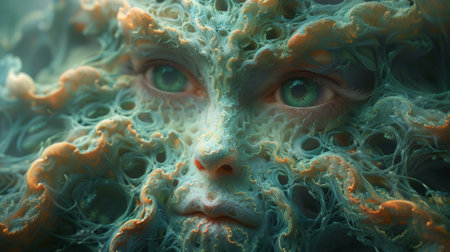 A close up of a face with green eyes and tentacles, AIの素材