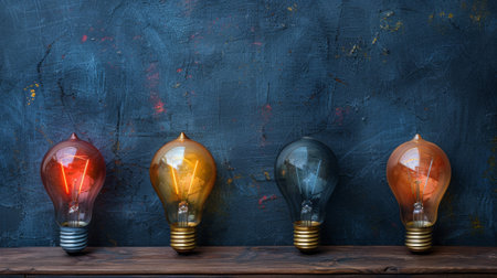 A row of three light bulbs on a wooden table with one lit, AIの素材