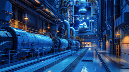 A large industrial building interior with a lot of pipes and machinery, AIの素材