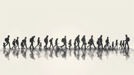 A group of people walking in a line with their backpacks, AIの素材
