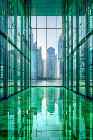 A view of a glass building with windows looking down on it, AIの素材