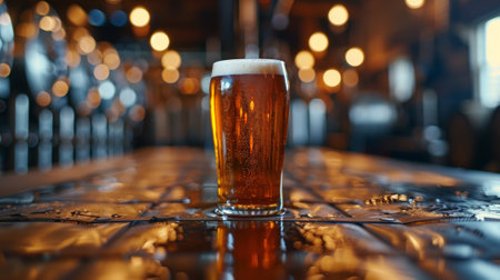 A glass of a beer sitting on top of some sort of table, AIの素材