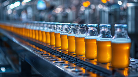 A row of beer bottles lined up on a conveyor belt, AIの素材