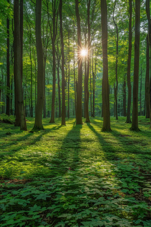 A sun shining through a forest of trees with grass, AIの素材