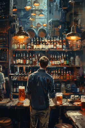 A man standing at a bar with bottles of alcohol behind him, AIの素材