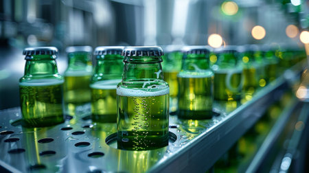 A row of green bottles on a conveyor belt with some empty, AIの素材