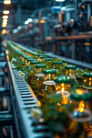 A long line of lights and bottles on a conveyor belt, AIの素材