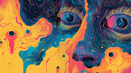 A psychedelic painting of a face with eyes and swirls, AIの素材