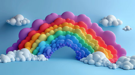 A rainbow made of balloons and clouds on a blue background, AIの素材