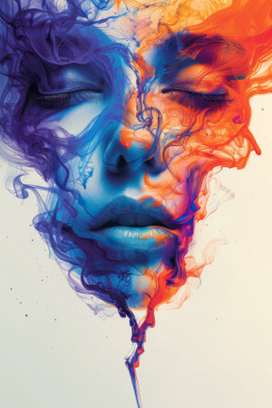 A womans face painted with colorful liquid in a creative way, AIの素材