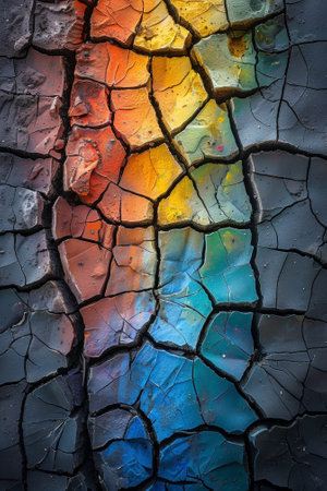 A close up of a rainbow painted on the cracked surface, AIの素材
