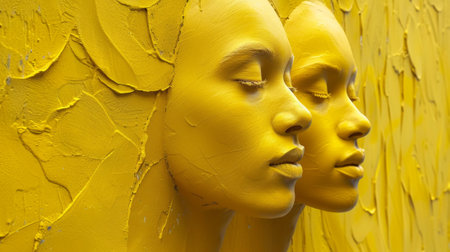 A close up of two yellow statues with their faces painted, AIの素材