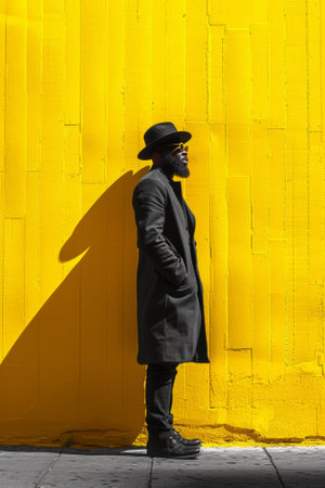 A man in a hat standing against yellow wall, AIの素材