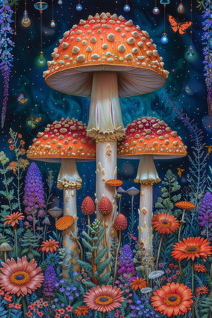 A painting of a group of mushrooms in the middle of flowers, AIの素材