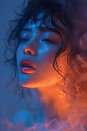 A woman with curly hair and blue eyes is in a bathtub, AIの素材