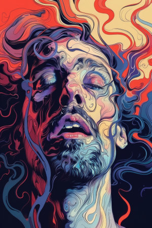 A painting of a man with his eyes closed and hair blowing in the wind, AIの素材
